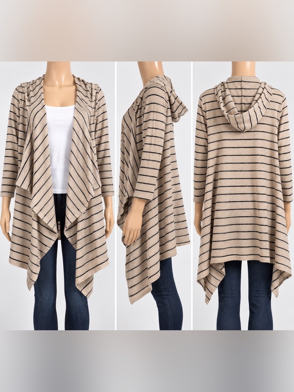Cyrus 1X Striped Hooded Drape-Front Cardigan